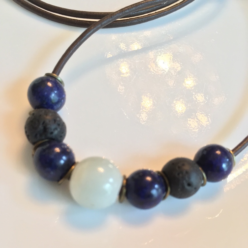 ARTISAN Leather Amazonite Lapis and Lava Beads 24” Necklace - Picture 1 of 5